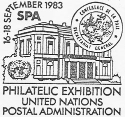 En 1983, pour les 10 ans du cercle philatélique spadois « Histophila », l’Administration Postale des Nations Unies de Genève créa un cachet souvenir spécial.