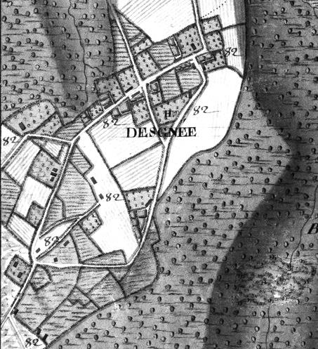 Village de Desgnée, extrait carte Ferraris 1777 (Institut GéographiqueNational – www.ign.be) 