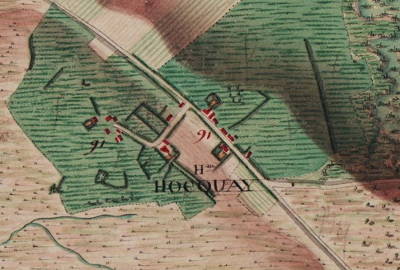 Le hameau de Hocquay – Extrait de la carte Ferraris de 1777 (I.G.N.– www.ign.be)