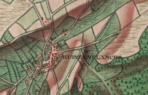 Village de Ruine en planche, extrait carte Ferraris 1777 (Institut Géographique National – site internet : www.ign.be)