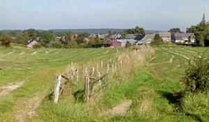  Entre les 2 prairies, le petit chemin débouche sur l'Avenue A. Guillaume. En arrière plan, le village de Creppe et son clocher, à droite