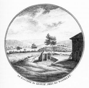 1750 : La Fontaine du Nivezé ou source du Bricolet Antoine Le Loup, lavis à l’encre de Chine (collection Musées de la Ville d’Eaux – Spa) 