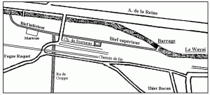 Le schéma, établit à partir du plan de Spa dressé en 1975 par C. Henrijean, donne une vision approximative de l'infrastructure primitive. Une réserve d'eau " vivier ", signalée dans les archives, n'est pas représentée.