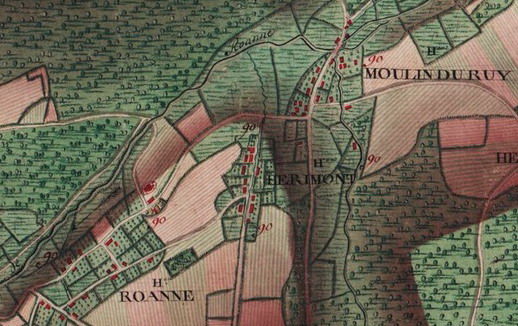 Les hameaux de « Roanne », « Herimont »  et « Moulin du Ruy »  Extrait de la carte Ferraris de 1777 (I.G.N. – www.ign.be)