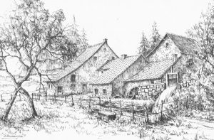 Le moulin de Polleur : dessin de D. Bourdouxhe (Extrait de « Retrouvailles imagées – Polleur », J.  Grosdent) 