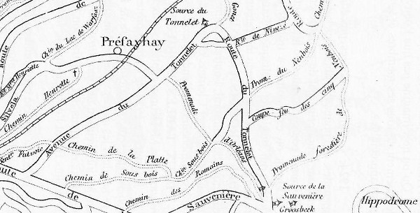 Extrait d’une carte de J.C. Bernhard, dessinateur-graveur bruxellois, illustrant le « Guide des promenades pédestres » édité en 1903 par l’imprimerie V. Goffin de Spa