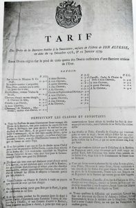 Tarif pour le droit de passage à la barrière de la Sauvenière en 1779